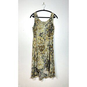 Melonie‎ T Women’s 10 Boho Dress Sheer Sleeveless Midi Yellow Black Dot Artistic